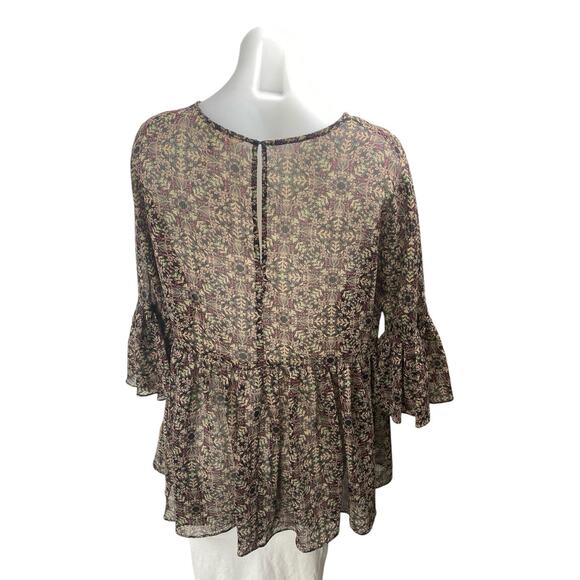 BCBGeneration Women's Brown Floral Flared Bell Sleeve Peplum Sheer Blouse Top S - Picture 2 of 3